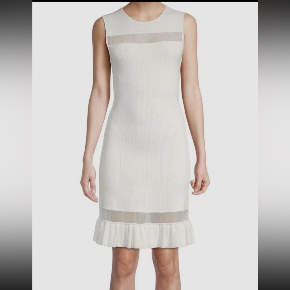 Milly White Mesh Trim Bodycon Dress Medium Ruffle Hem Ribbed Knit Bachelorette